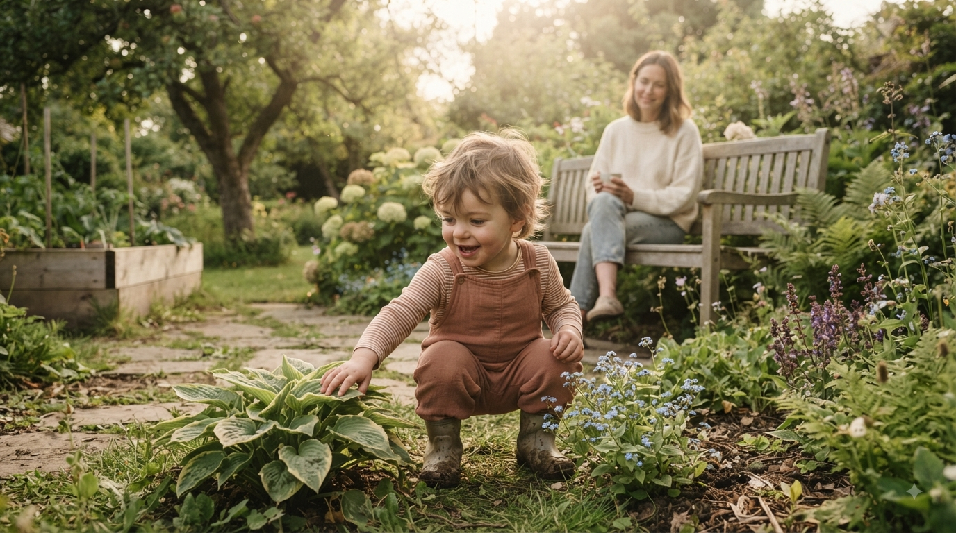 Child exploring nature independently with a parent nearby