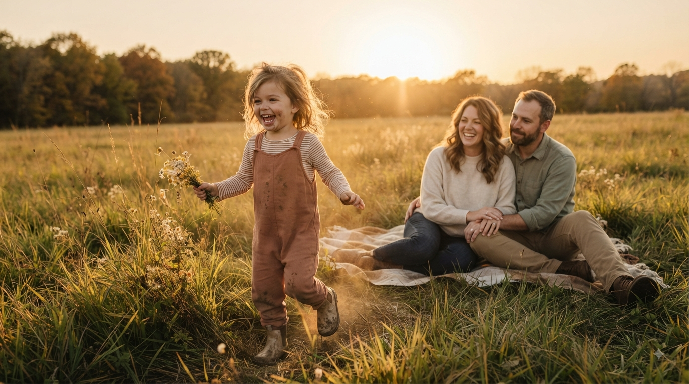 Happy child enjoying a simple outdoor childhood with family