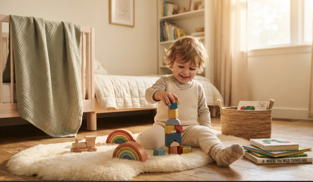 Child enjoying simple toys in a calm and uncluttered bedroom
