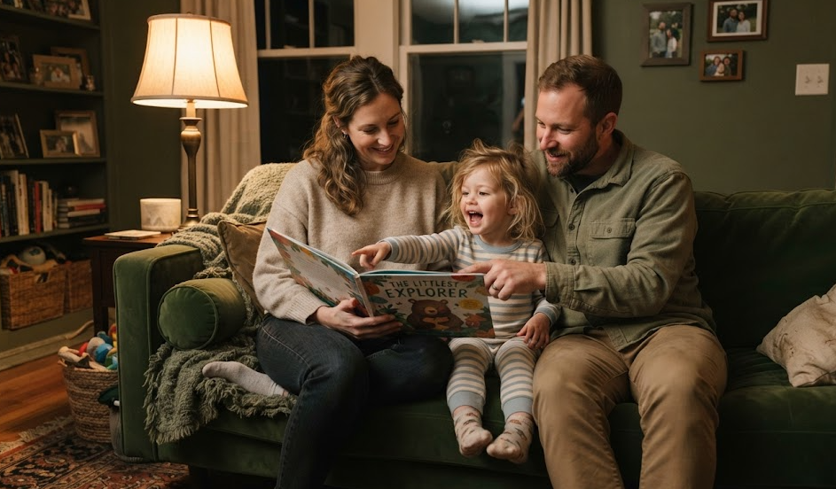Parents reading with their child during a relaxed family evening