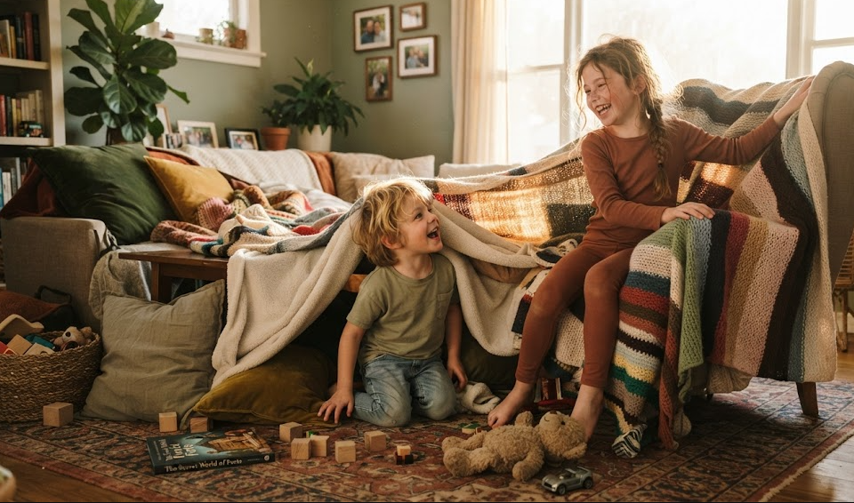 Children enjoying imaginative unstructured play at home