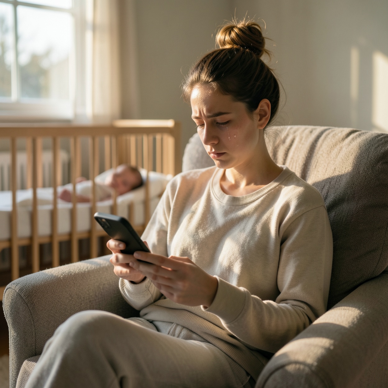 A mother sitting on a sofa, looking out a window with a pensive expression, perhaps a baby sleeping peacefully beside her or in a nearby bassinet.