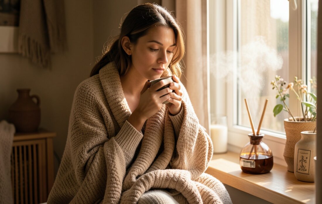 A mother sitting on a sofa, looking out a window with a pensive expression, perhaps a baby sleeping peacefully beside her or in a nearby bassinet.
