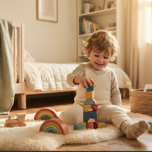 Child enjoying simple toys in a calm and uncluttered bedroom
