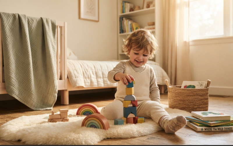 Child enjoying simple toys in a calm and uncluttered bedroom